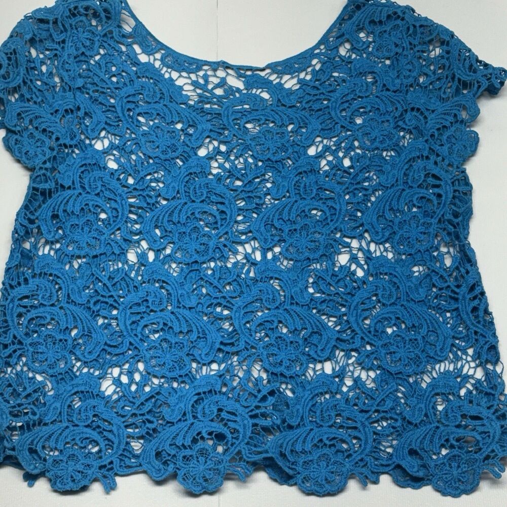 Teal Blue Floral Guipure Lace Top Short Sleeve Sheer Crochet Boho Scalloped